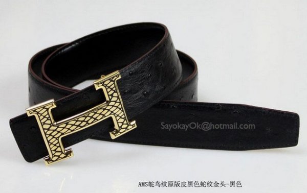Hermes Ostrich Stripe Leather Reversible Belt Snake Stripe Black